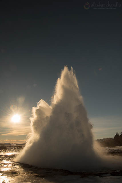 This was taken around 11am at Strokkur Geysir, see the position of the Sun