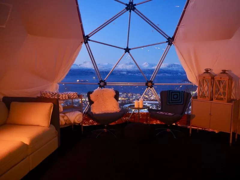 The interior of Arctic Domes overlooking the mountains