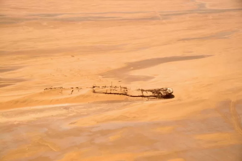 A shipwreck seen from above in Skeleton Coast