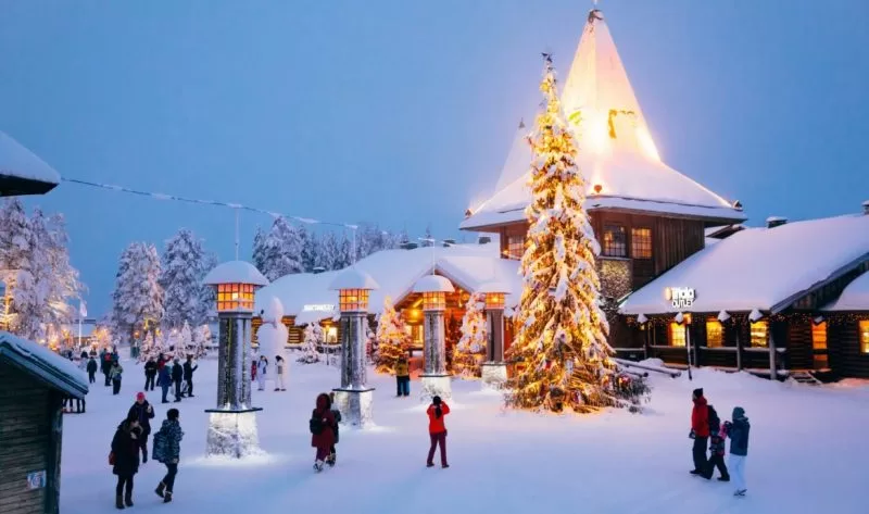 The Santa Claus village glimmering in the night