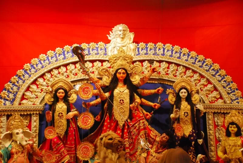 A massive idol of Goddess Durga seen in a pandal