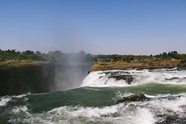 the edge of victoria falls in zimbabwe, near livingstone island
