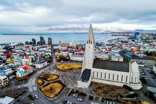 Hallgrimskirkja church and reykjavik city aerial view