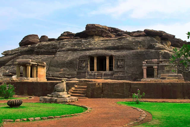 Front view of Ravanaphadi rock-cut temple in Aihole, Karnataka.
