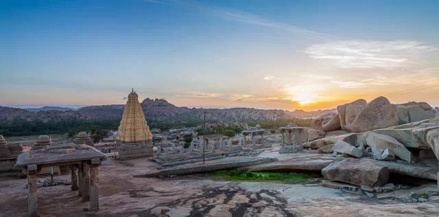 view over Hampi temple at sunrise