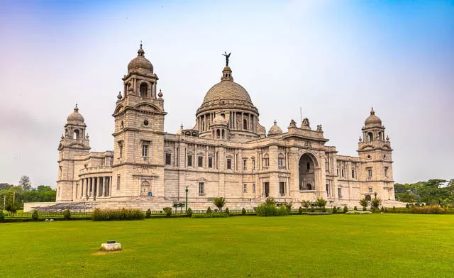 side view of Victoria Memorial with beautiful garden in Kolkata, West Bengal
