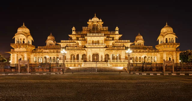 albert hall central museum at night in jaipur, rajasthan