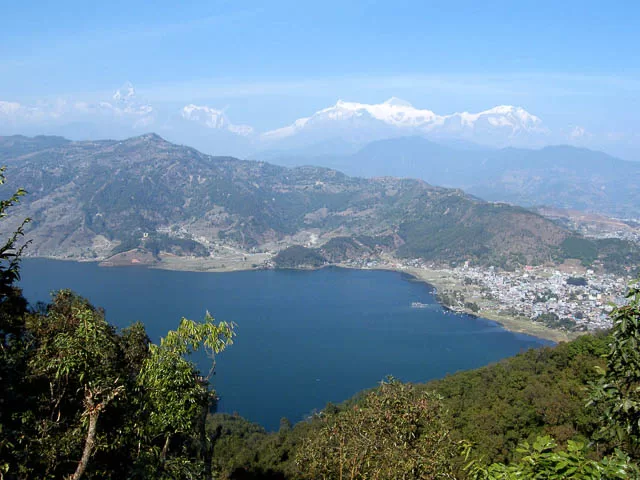 himalayas can be seen from pokhara lake, nepal