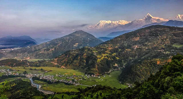 annapurna range behind tiger mountain in pokhara, nepal