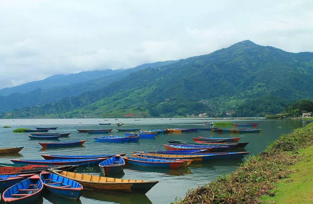 boats lining up on phewa lake in pokhara, nepal