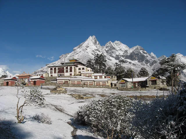 mount everest behind tengboche monastery at base of mount ama dablam, nepal