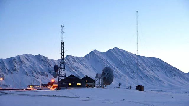 isfjord radio station during winter season in svalbard, norway