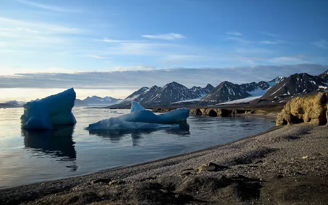 broken small icebergs on kongsfjorden or kings bay inlet in svalbard, norway