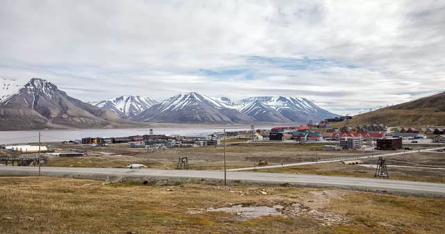 scenic view with hils and river in longyearbyen town svalbard, norway