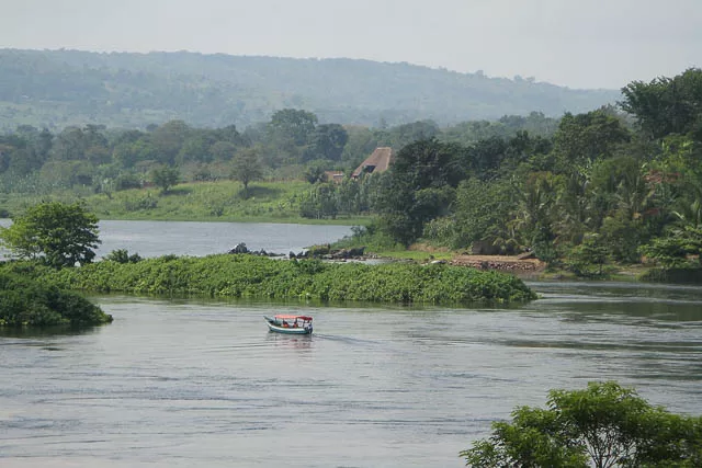 aerial view of a boat on river nile at jinja, uganda