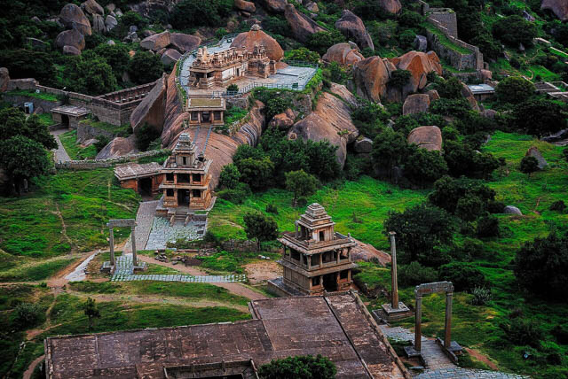 aerial view of chitradurga fort on a flat valley between hills in karnataka