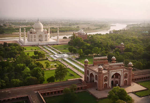 aerial view of taj mahal and its surroundings in agra, uttar pradesh