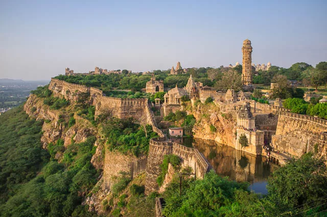 view of chittor fort and its surrounding greenery in chittorgarh, rajasthan