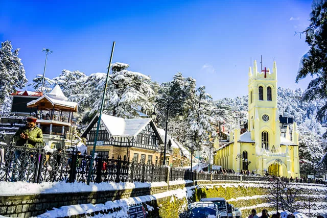 christ church and its surroundings covered in snow in shimla, himachal-pradesh