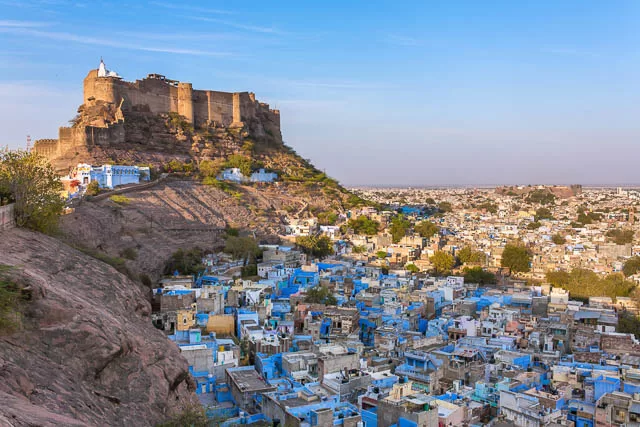 blue city and mehrangarh fort on the hill in jodhpur, rajasthan