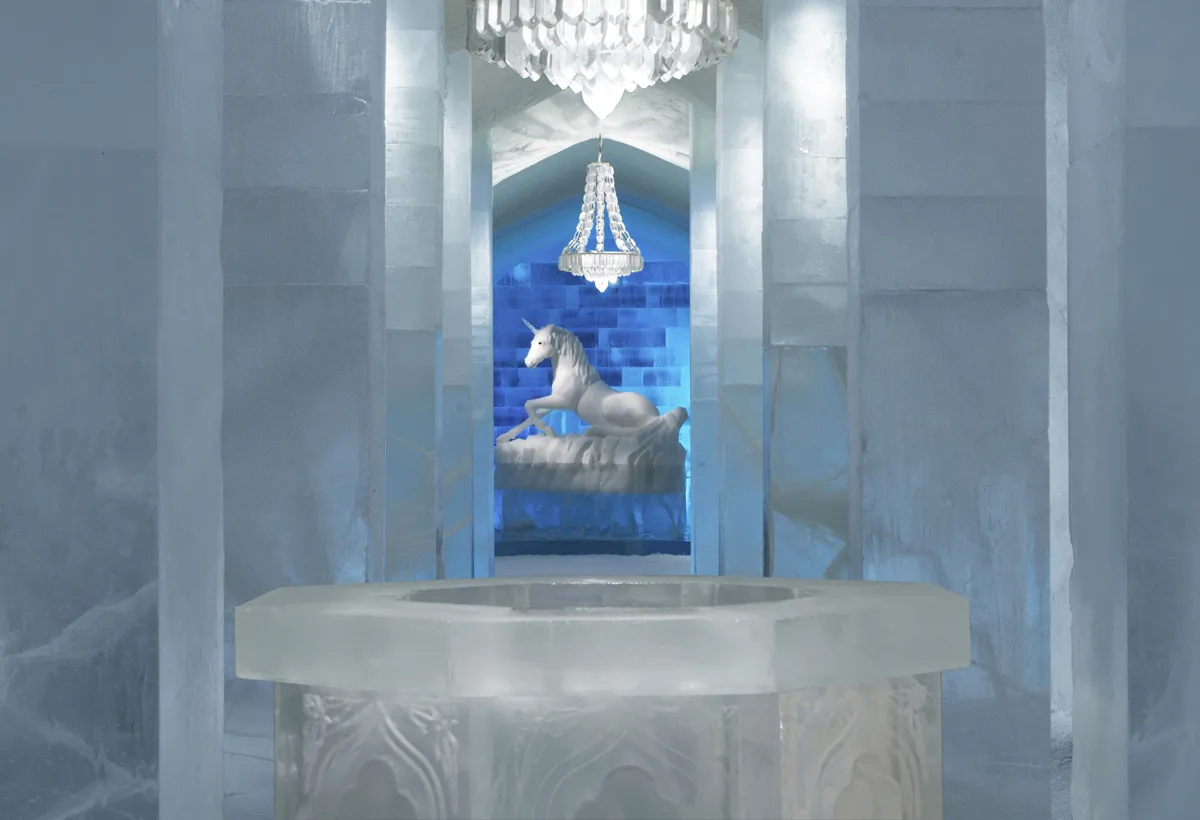 A sculpted ice suite inside the ICEHOTEL at Jukkasjärvi.