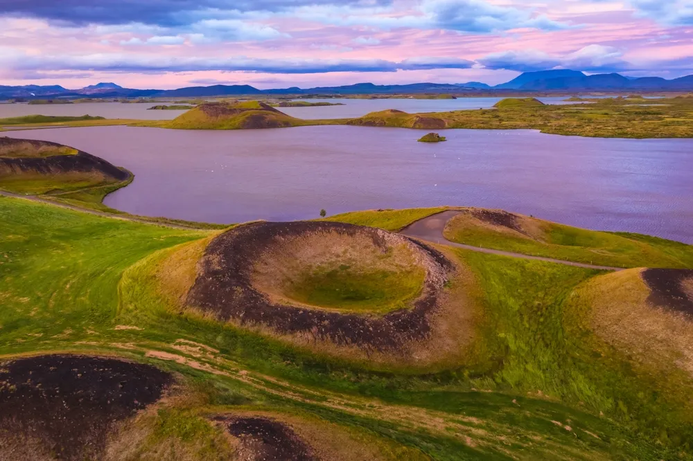 Steam rising over the Lake Mývatn geothermal region.