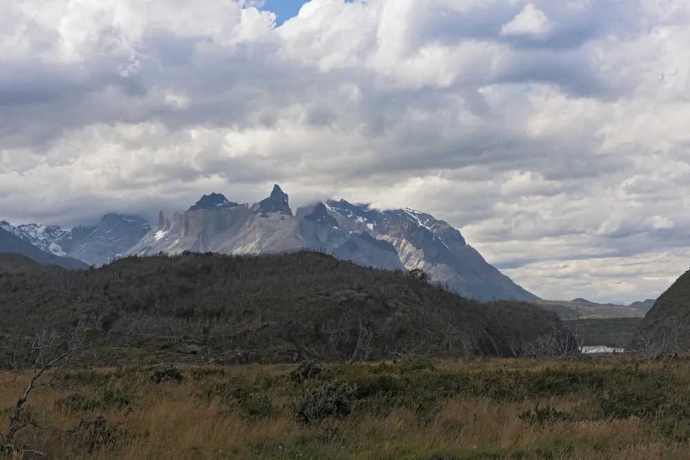 The granite Towers of Paine above the steppe.