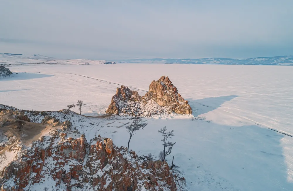 Winter ice and cliffs on Olkhon Island.