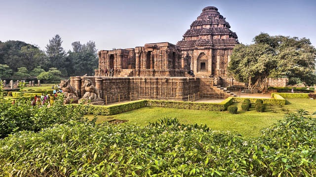 large and beautiful garden surrounding the konark sun temple in konark, odisha
